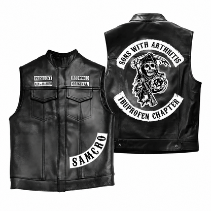 Men's Black Motorcycle Leather Vest, Classic Biker Riding Sleeveless Jacket With Zip Closure