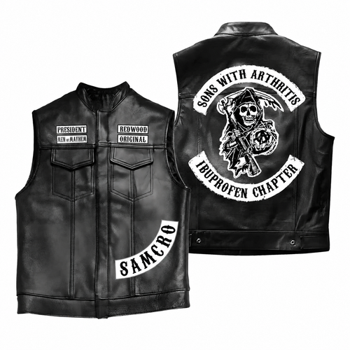 Men's Black Motorcycle Leather Vest, Classic Biker Riding Sleeveless Jacket With Zip Closure