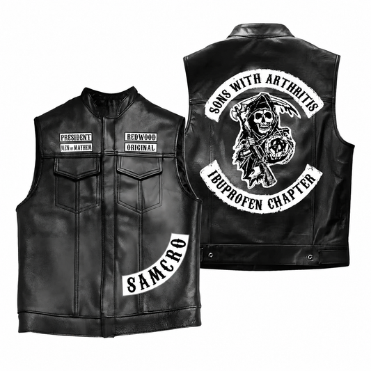 Men's Black Motorcycle Leather Vest, Classic Biker Riding Sleeveless Jacket With Zip Closure