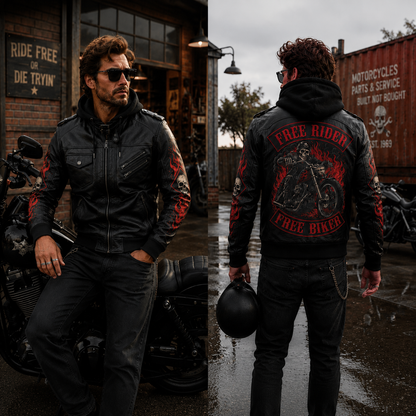 Free Rider Hooded Leather Biker Jacket, Skull Motorcycle Leather Jacket