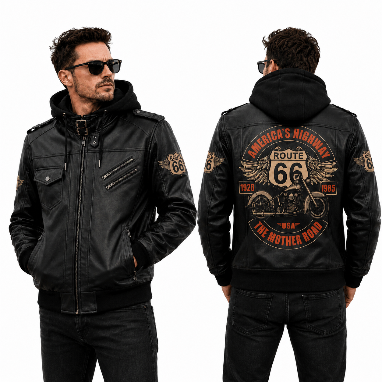 Route 66 Hooded Leather Biker Jacket, America's Highway Motorcycle Leather Jacket