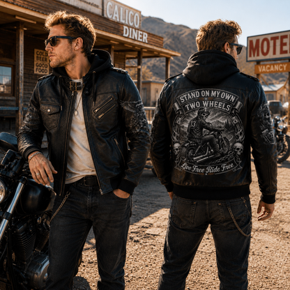 Stand On My Own Two Wheels Hooded Leather Biker Jacket, Live Free Ride Free Motorcycle Leather Jacket