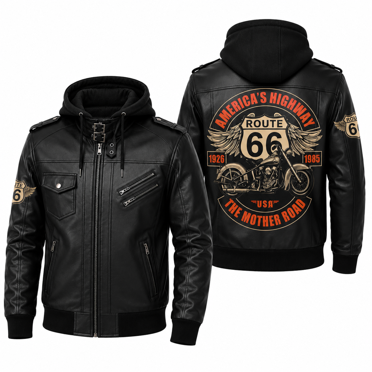 Route 66 Hooded Leather Biker Jacket, America's Highway Motorcycle Leather Jacket
