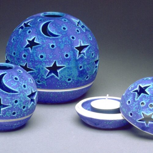 Stars Moon Lantern, Blue Purple Candileria Luminary, Ceramic Candle Holder