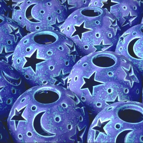 Alternative view of Stars Moon Lantern, Blue Purple Candileria Luminary, Ceramic Candle Holder