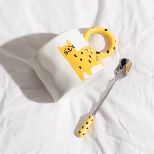 Cartoon Animal Ceramic Mug With Spoon, Yellow Cat