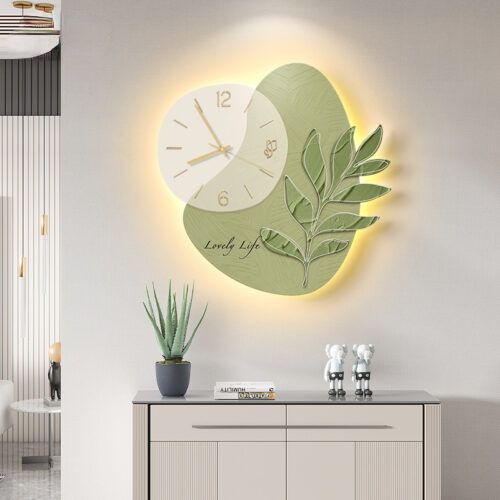 Alternative view of LED Lights Decorative Wall Clock Glowing Green Leaf