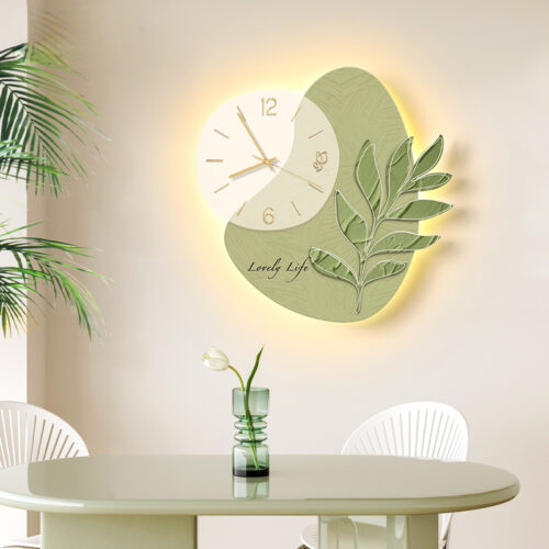 LED Lights Decorative Wall Clock Glowing Green Leaf