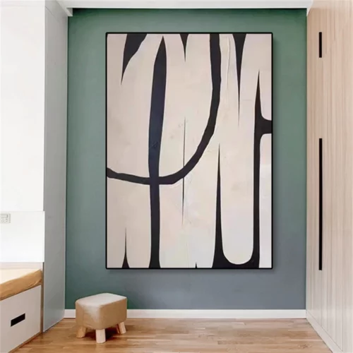 Alternative view of Black and White Abstract Canvas Painting Poster Vintage Minimalist Beige Design