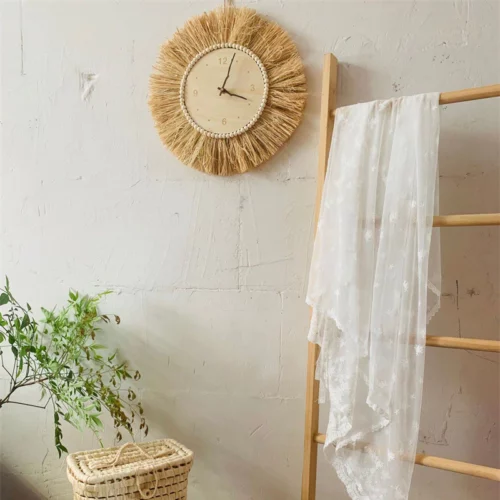 Alternative view of Hand Woven Raffia Straw Wall Clock INS Nordic Minimalist Wooden Mute Clocks
