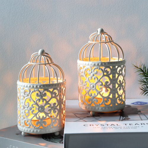 Hollow Hanging Bird Cage Candle Holder Candlestick, White