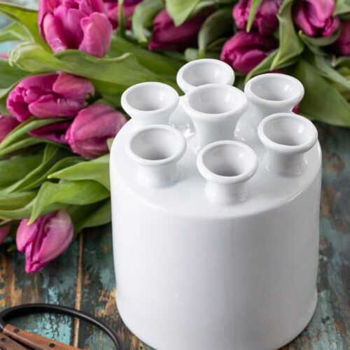 Alternative view of Pure White Tulip Vase Cylinder Shape With Several Spouts, Handmade Delft Porcelain