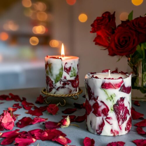 Candle With Dried Rose Petal Blossoms