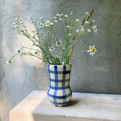 Handmade Ceramic Vase With Hand Painted Plaid Pattern
