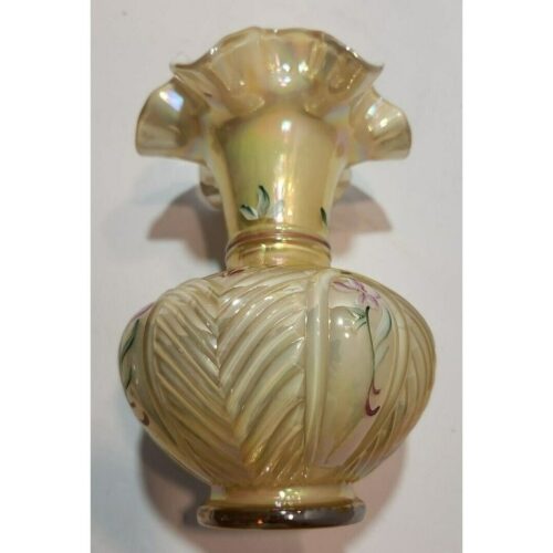 Alternative view of Vtg Fenton 1990's Gold Overlay Floral Melon Vase Handpainted by Angie Ankrom