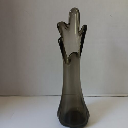 Vintage Mid-Century MCM Smoke Gray Glass 10" Swung Vase Decor. 5 finger