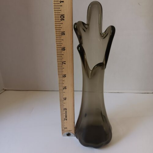 Alternative view of Vintage Mid-Century MCM Smoke Gray Glass 10" Swung Vase Decor. 5 finger
